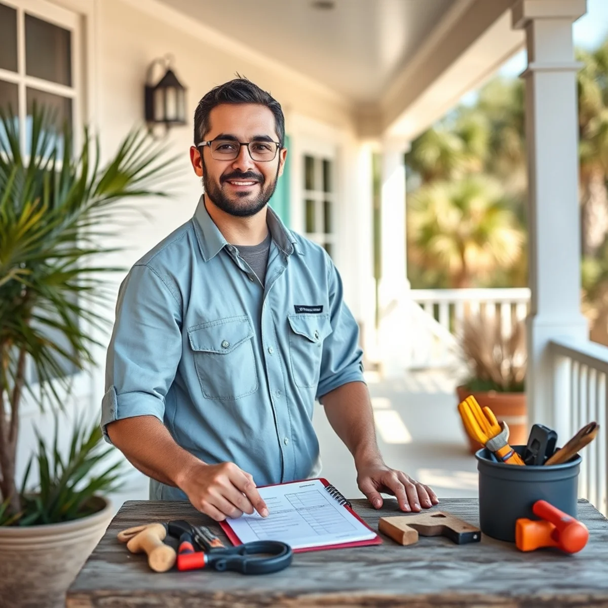 Coastal home exterior on 30A with a seasonal maintenance checklist overlay concept