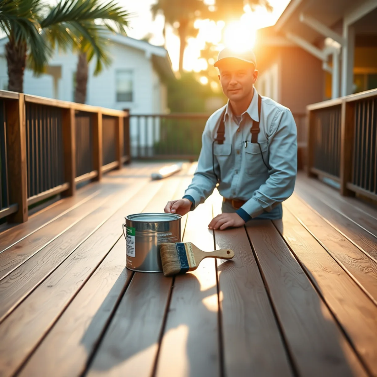 Freshly sealed and stained wooden deck at a coastal home on the Emerald Coast