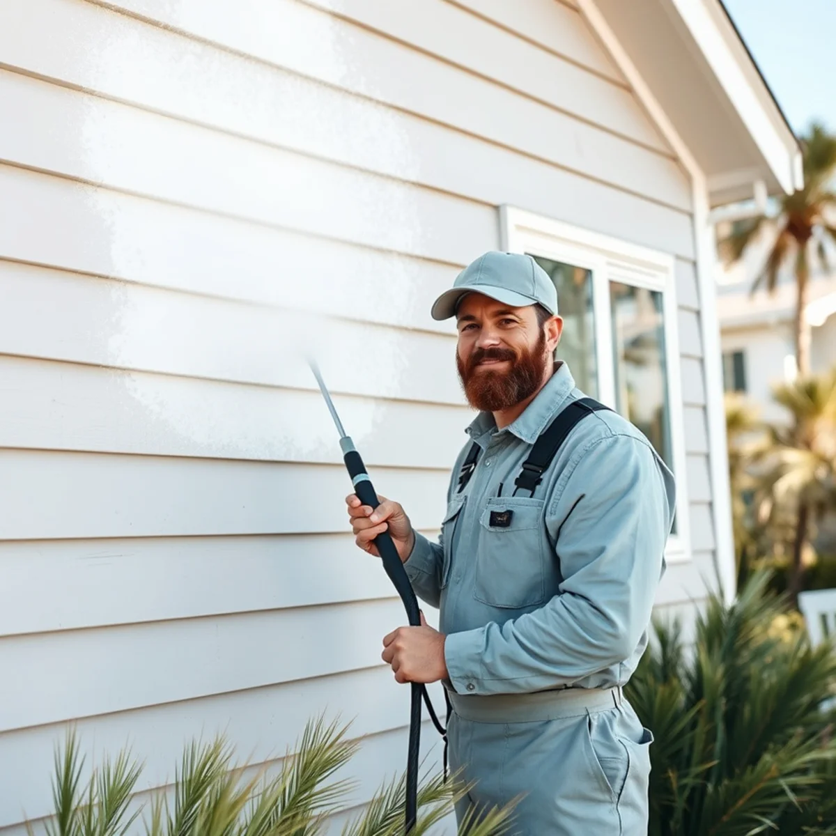 Soft washing the siding of a beach house to remove salt film and mildew on 30A