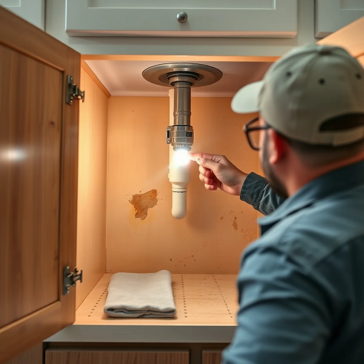 Inspecting under a kitchen sink cabinet for moisture and mold in a Santa Rosa Beach home