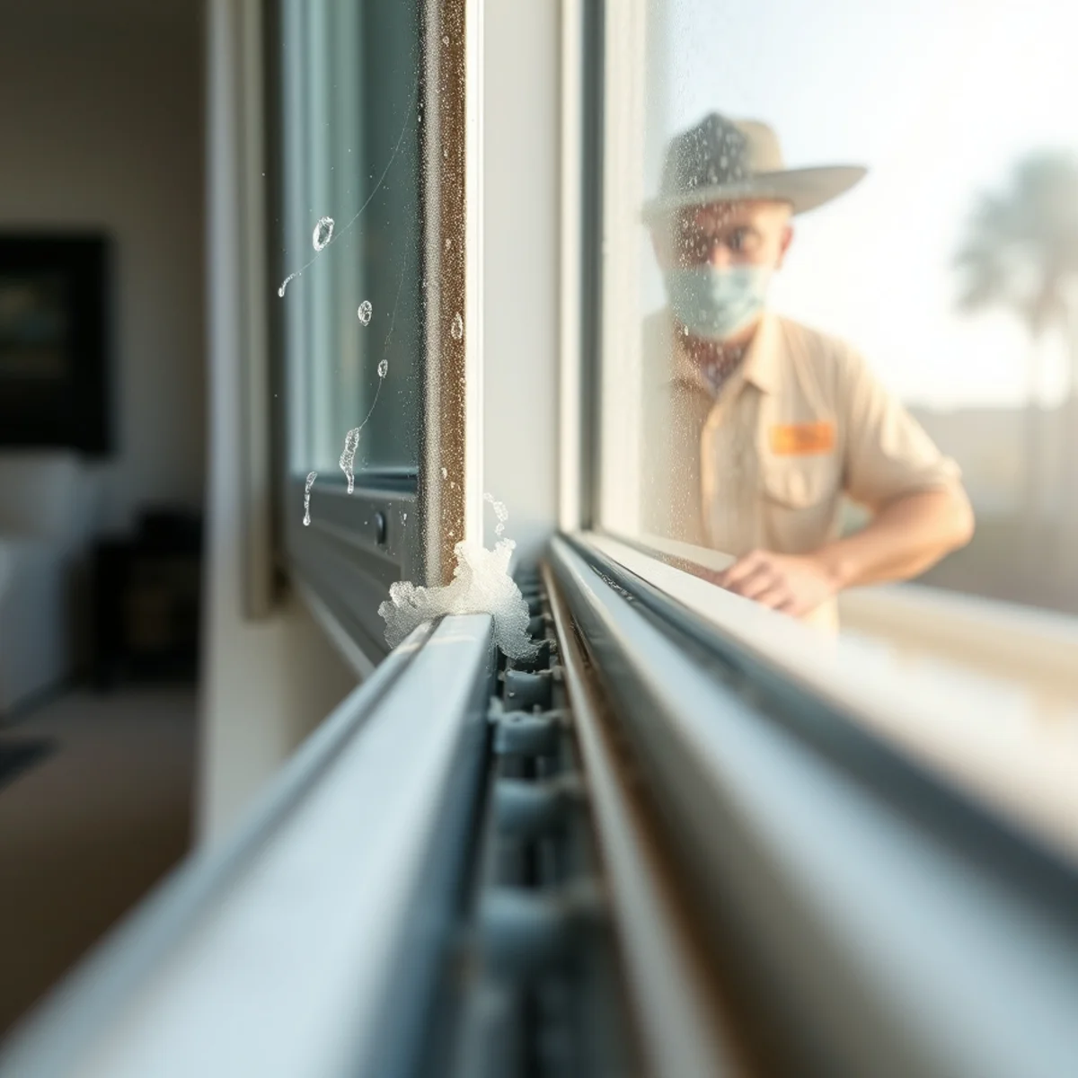 Checking a window sill and sliding-door track for condensation in a coastal 30A home
