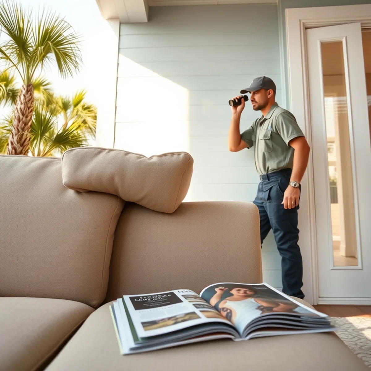Pulling furniture from an exterior wall to check for hidden mold in a Panhandle home