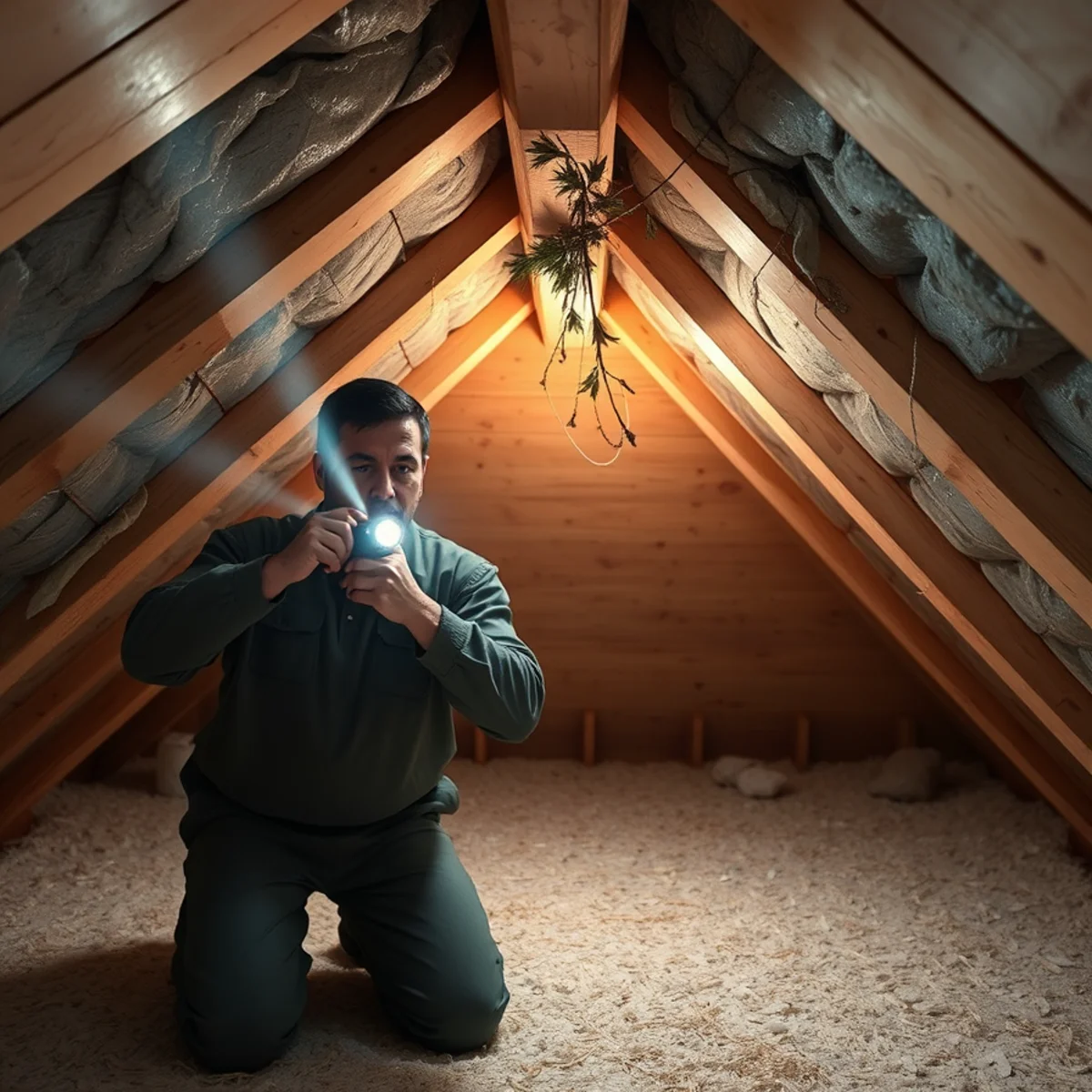 Inspecting attic insulation and decking for humidity and mildew in a Florida home