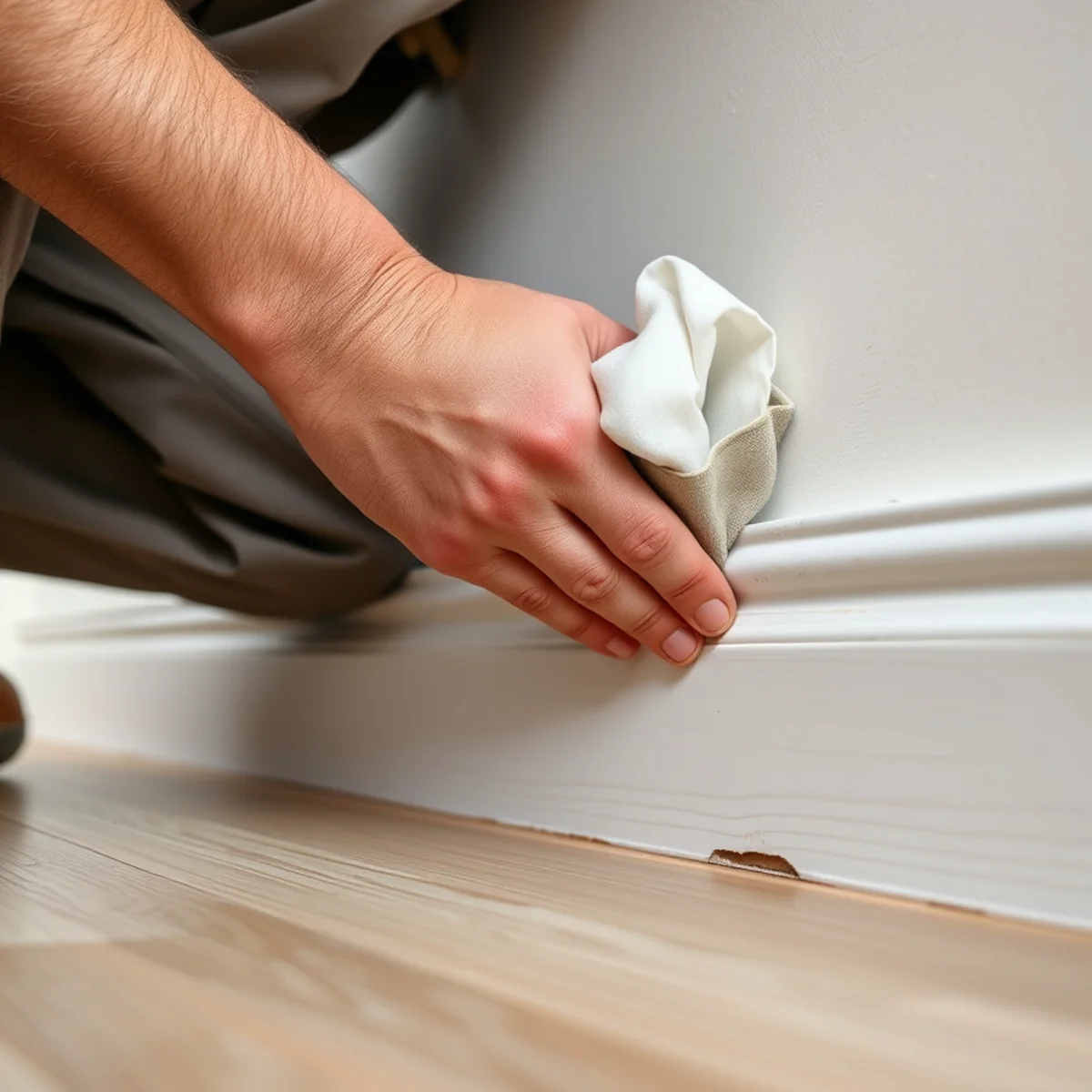 Checking baseboards and the base of a wall for moisture damage in a 30A home
