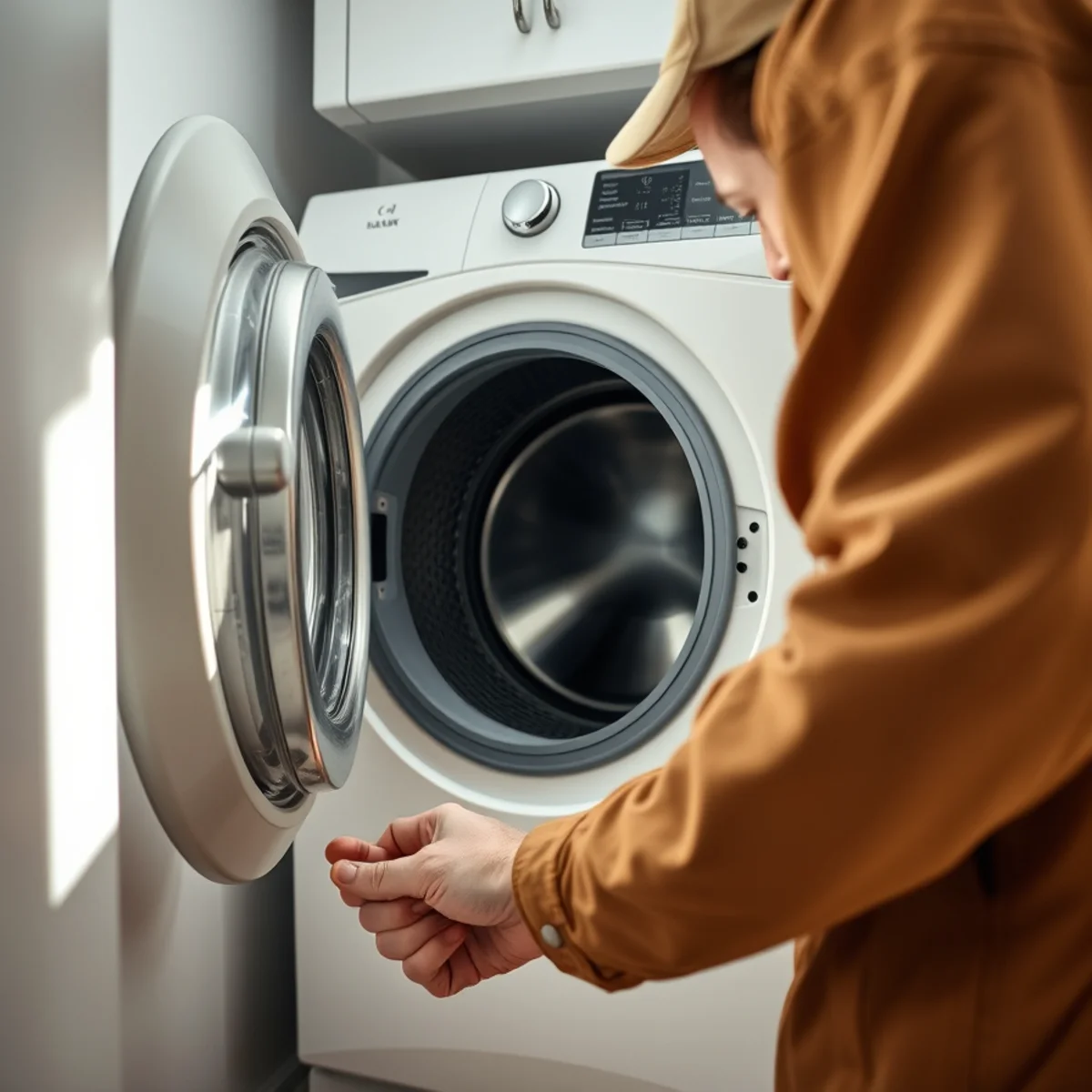 Laundry room washer hoses and dryer vent inspected for moisture in a Florida home