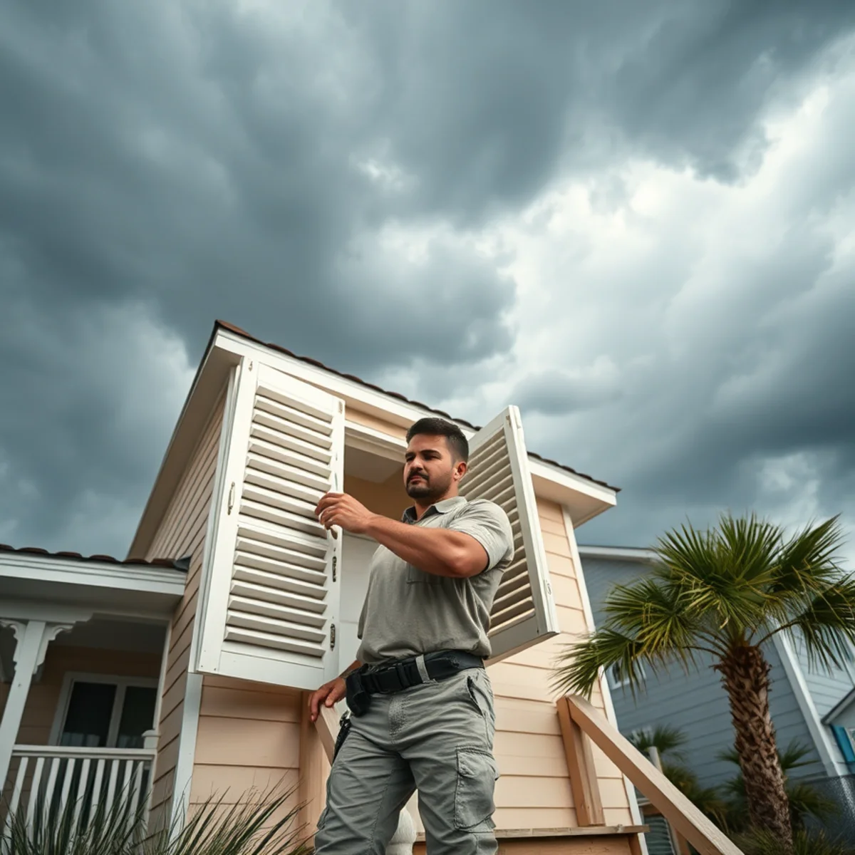 Homeowner and handyman securing a coastal home before hurricane season on 30A