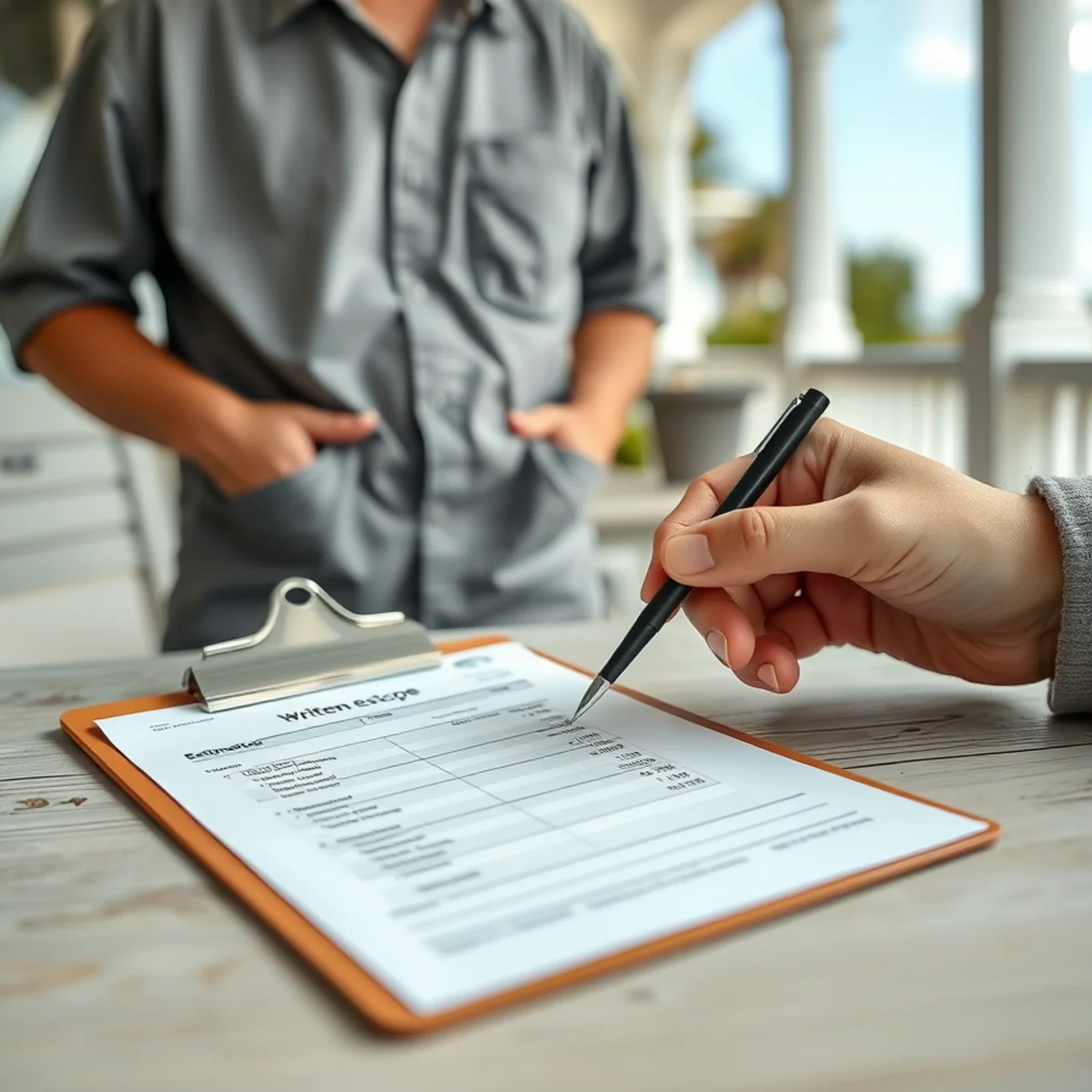 Reviewing a written handyman estimate and scope of work on a clipboard on 30A