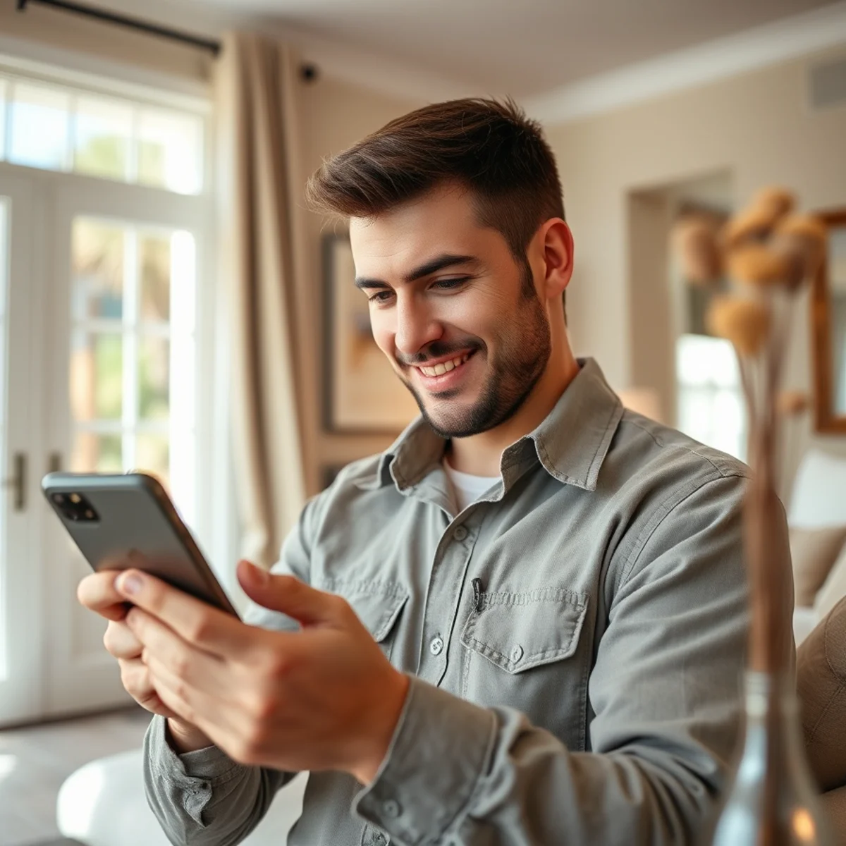 Homeowner reading five-star handyman reviews on a phone in a coastal 30A home