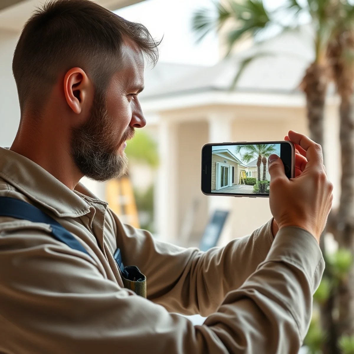 Handyman texting photo updates to a remote second-home owner from a 30A job