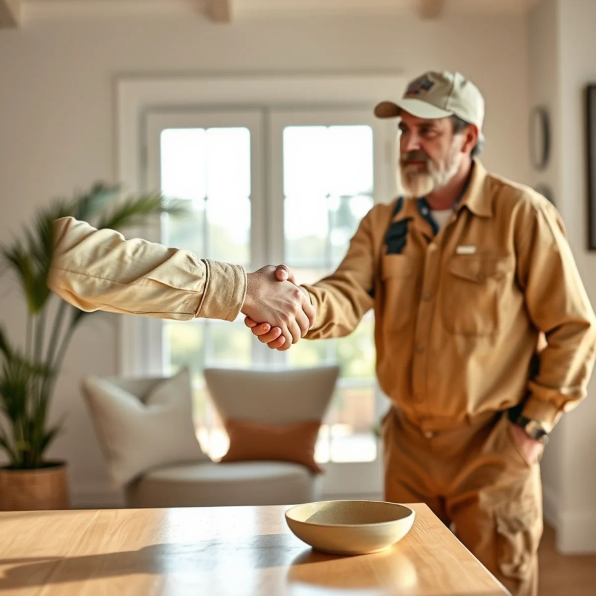 Handyman shaking hands with a homeowner, backing a workmanship guarantee on 30A