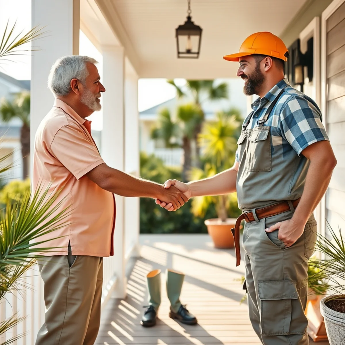 Homeowner shaking hands with a trusted local handyman at a 30A home