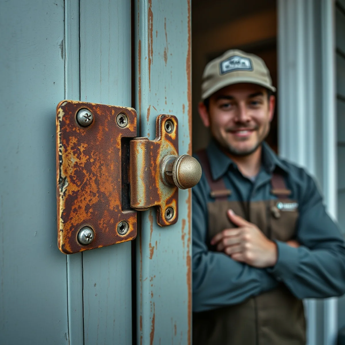 Corroded exterior door hinge and hardware on a coastal home near the Gulf on 30A