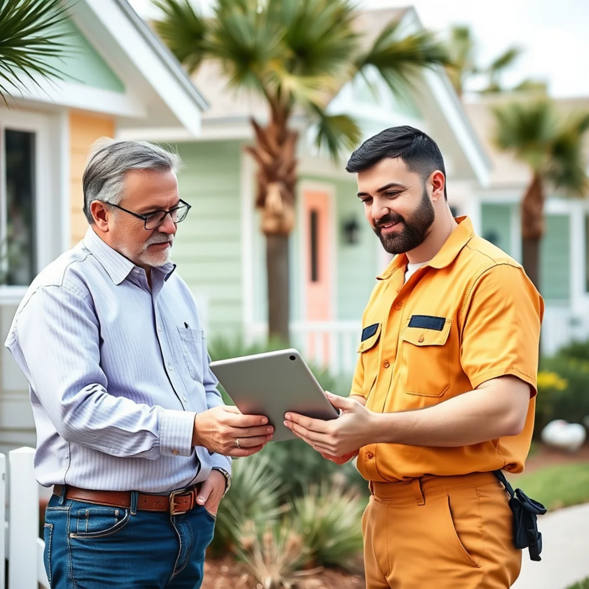 Property manager and handyman reviewing a maintenance schedule for 30A rentals