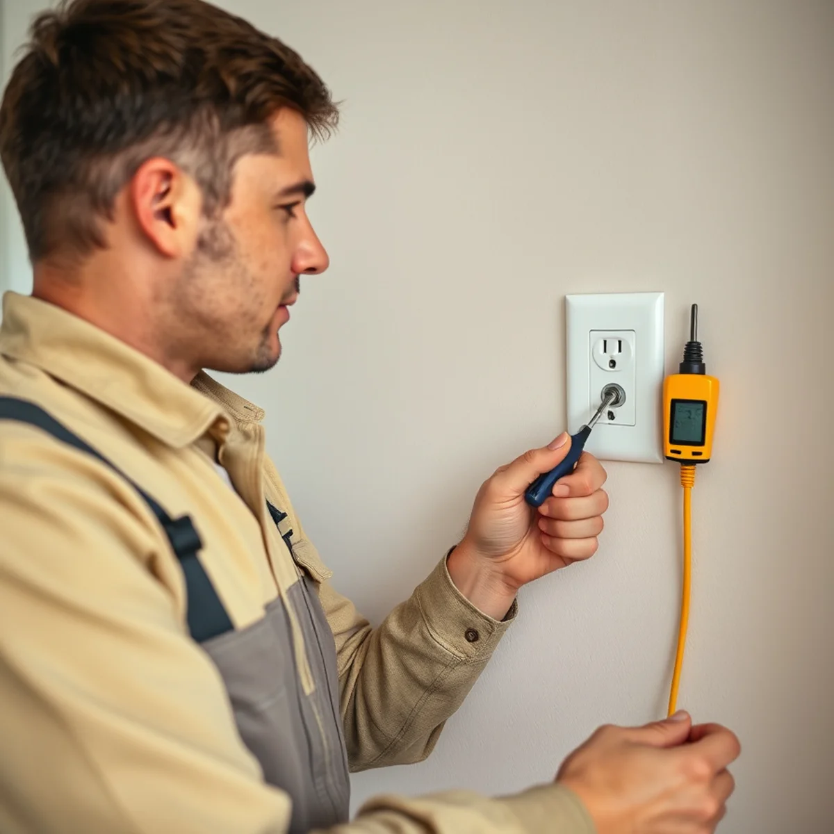 Handyman replacing an electrical outlet and cover plate in a Santa Rosa Beach home