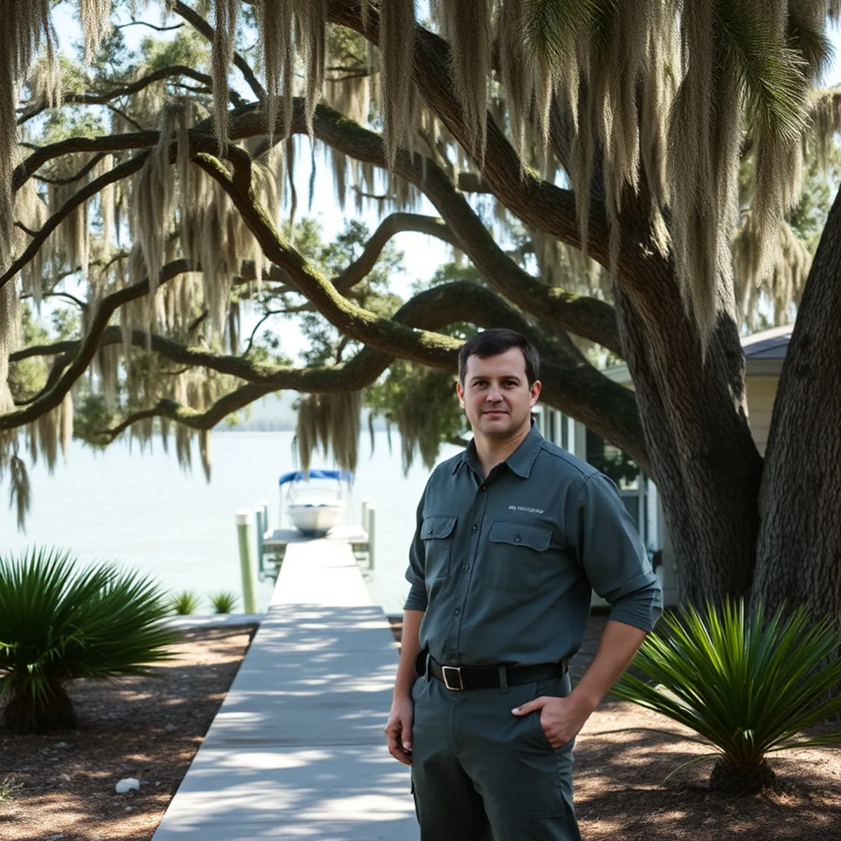 Live oaks and a bayfront home near Eden Gardens in Point Washington, Florida