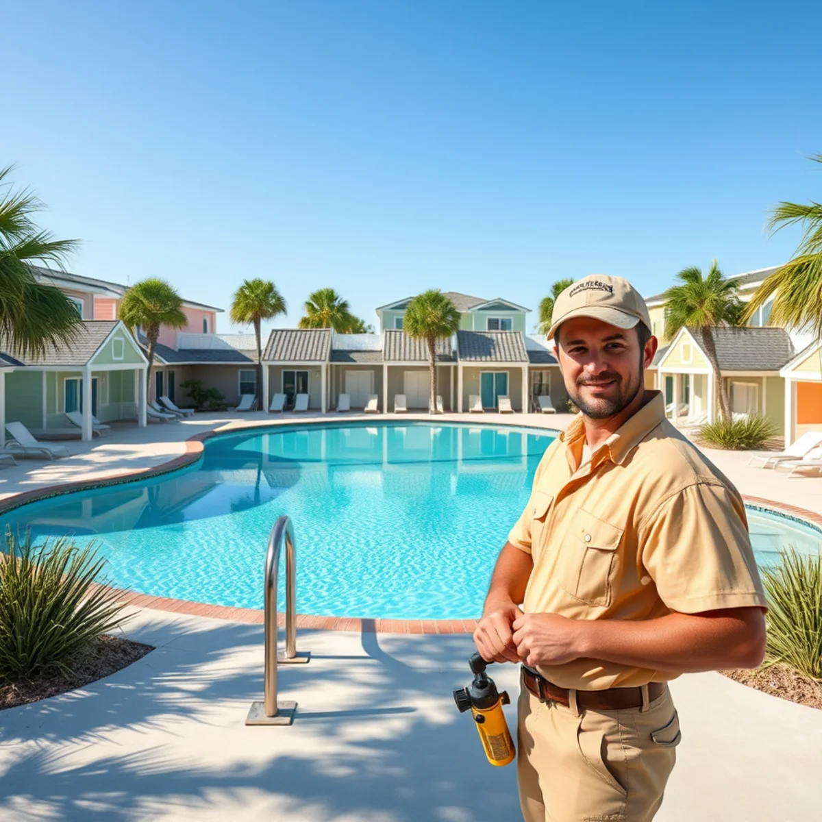 Colorful rental homes near the large lagoon pool at Seacrest Beach, Florida